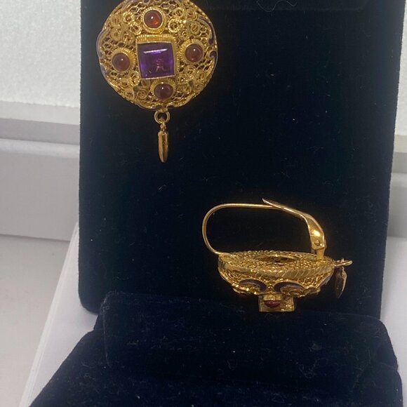 Barbara Garwood Amethyst and Garnet Earrings 24KT GOLD OVER STERLING Collectable